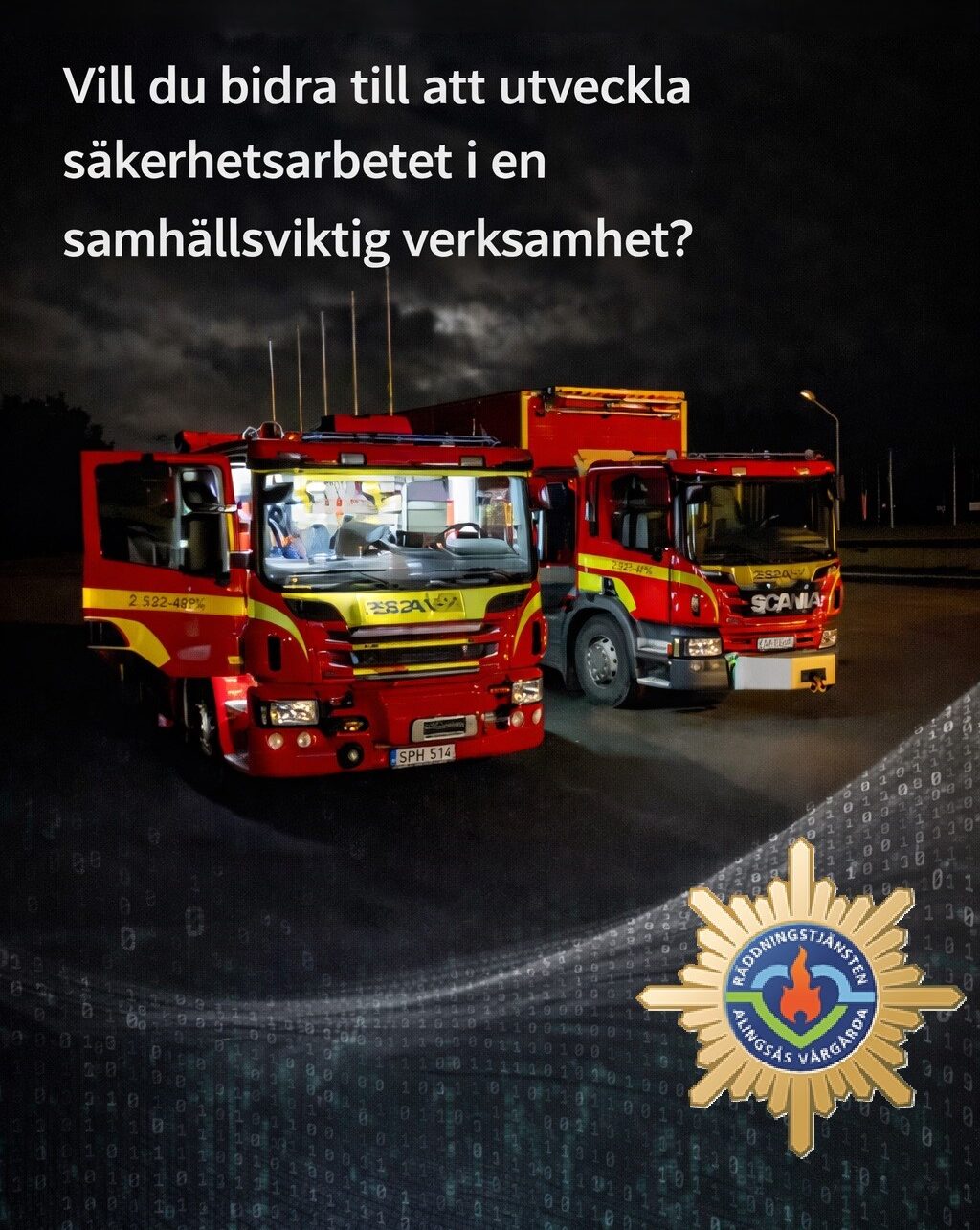 Tv&aring; brandbilar i sken av m&ouml;rker med AVRF loggan nedtill