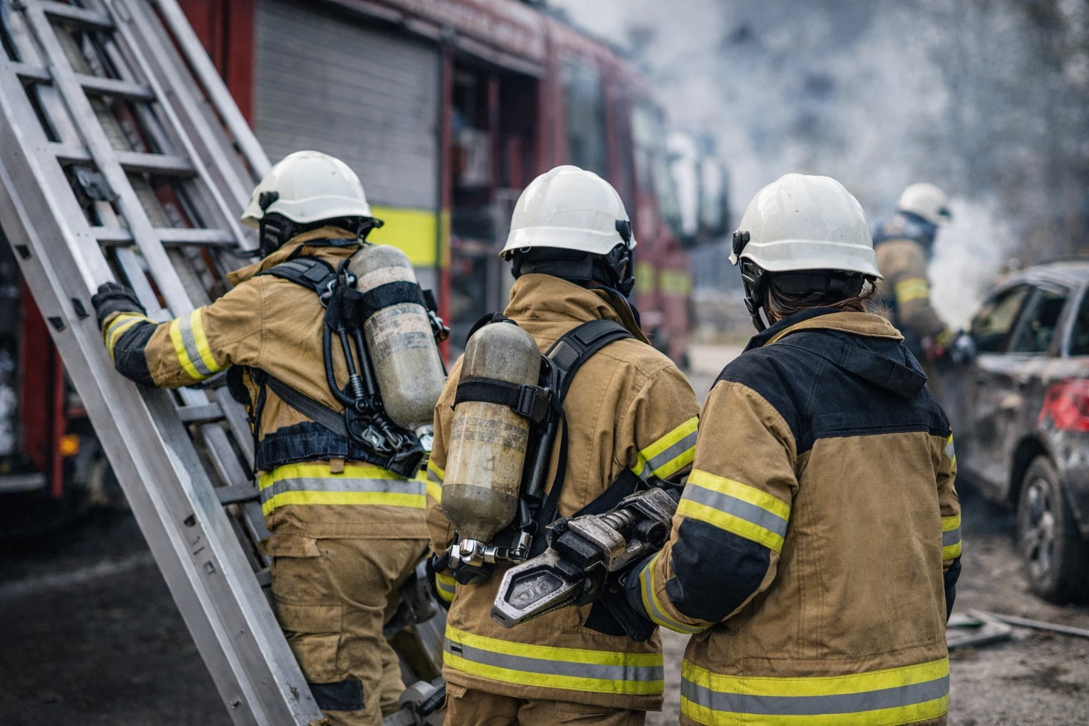 Tre brandmäns ryggar mot kameran