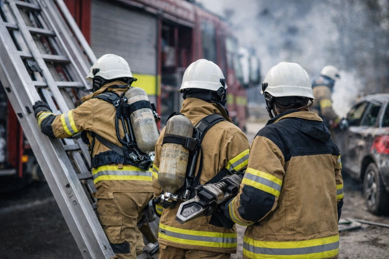 Tre brandmäns ryggar mot kameran