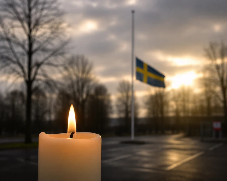 flagga på halv stång och tänt ljus