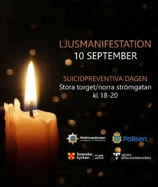 Tänt stearinljus svartbakgrund med loggor samverkansparter polis, svenska kyrkan och VGR